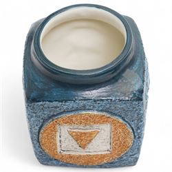 Troika marmalade jar decorated with geometric panels on an incised blue ground, the base signed with initials for Louise Jinks H9.5cm