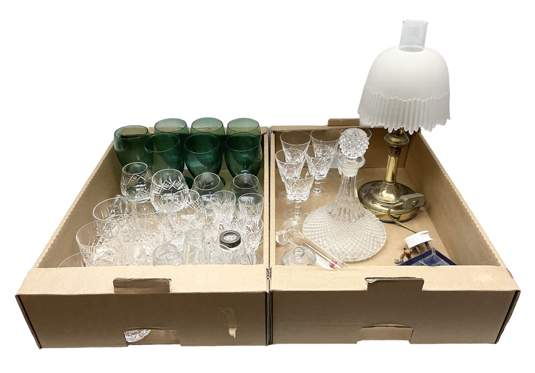 Quantity of glassware to include Mats Jonasson koala paperweight, set of six Stuart drinking glasses, seven green wine glasses with ovoid bowls, decanter, brass lamp etc