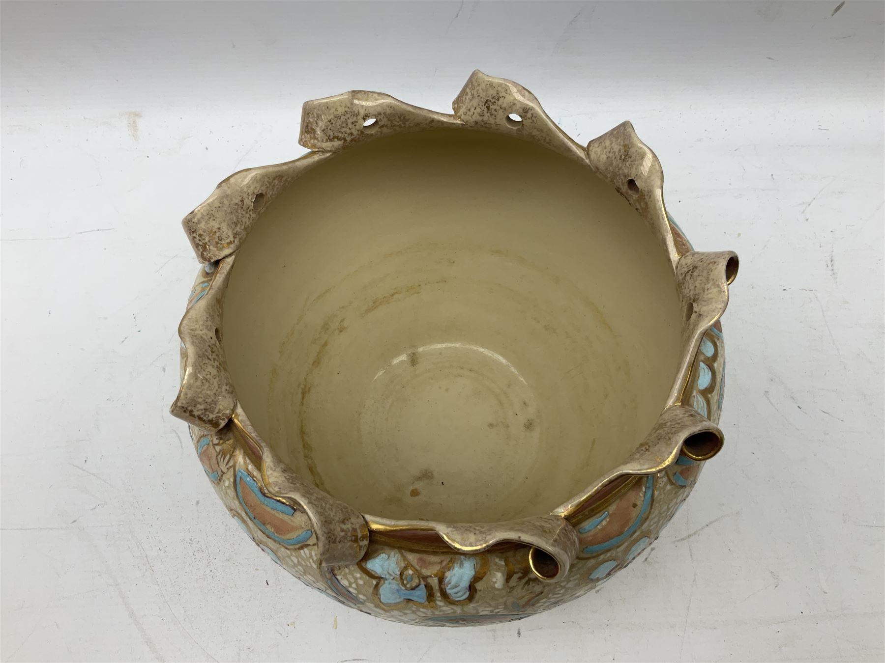 Three jardinières comprising West German Gerz example decorated in relief, Doulton Slaters example with frilled everted rim and a majolica example, and a further two Arthur Wood majolica jugs (5)