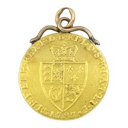 George III 1787 gold spade guinea coin, with soldered 9ct gold mount