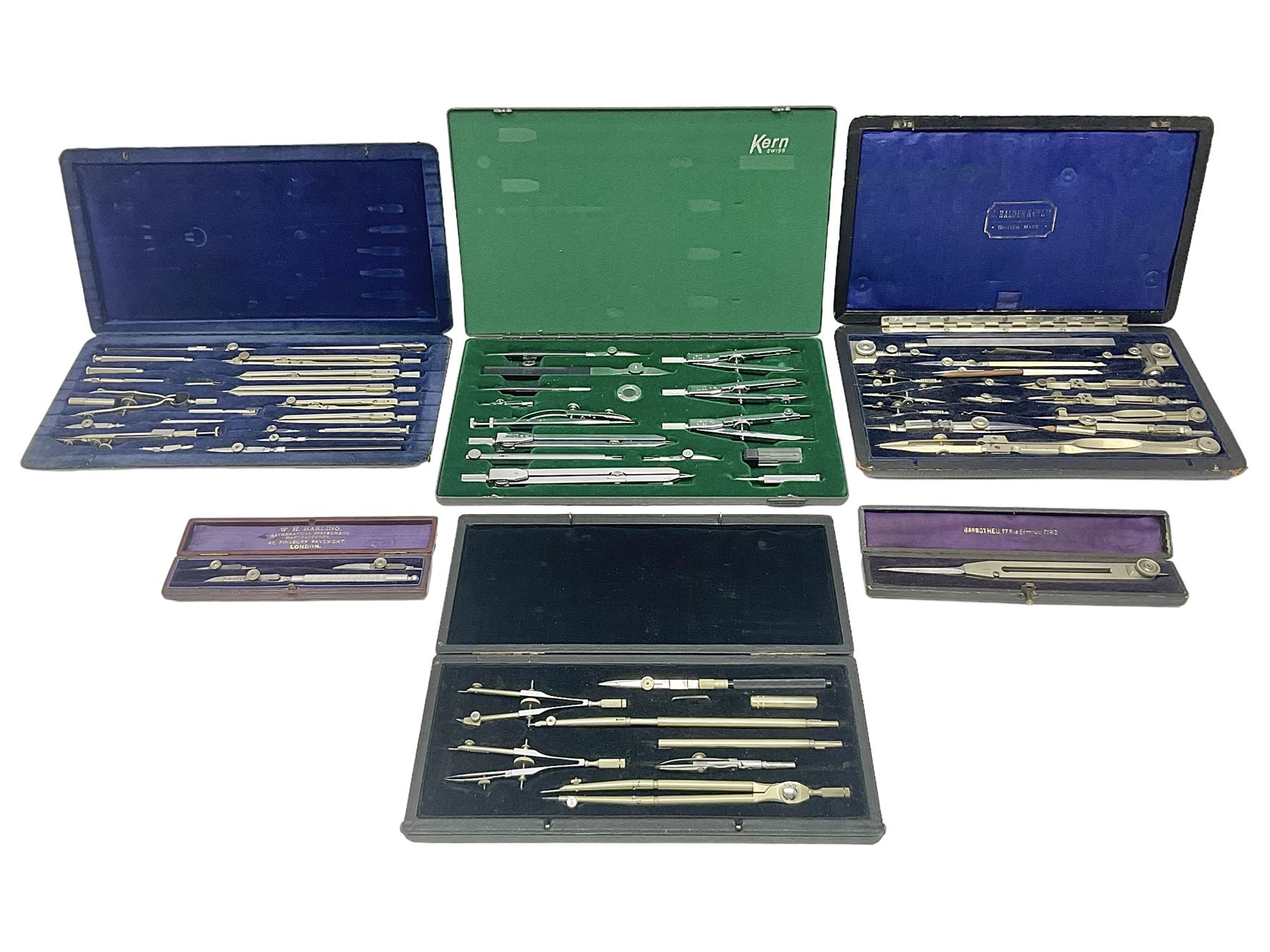 J Halden & Co cased drawing set, together with other cased drawing sets, including examples from prazision garantie and Kern Swiss 