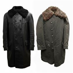 Swedish green army field coat, M1909, with a sheepskin lining and military leather jacket 