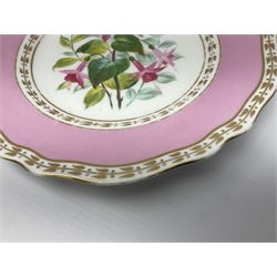 Victorian Copeland, Botanical dessert service, decorated with floral sprigs to the centre with a pink and gilt border, comprising five comports and seven plates, largest comport H20cm, plate D22cm