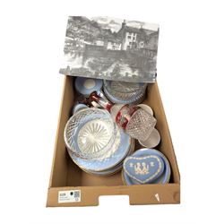 Ruby glass decanter, Doulton part dinner service, two cut glass bowls, pencil drawing and a Wedgwood Jasperware Royal wedding trinket box