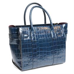 Mulberry - Belted Bayswater with Zip handbag in Midnight Croc embossed leather, the structured body with twin rolled top handles, detachable and adjustable shoulder strap, gold-tone Postman’s Lock fastening, belted front detail and zip closure, burgundy suede interior, with original dust bag