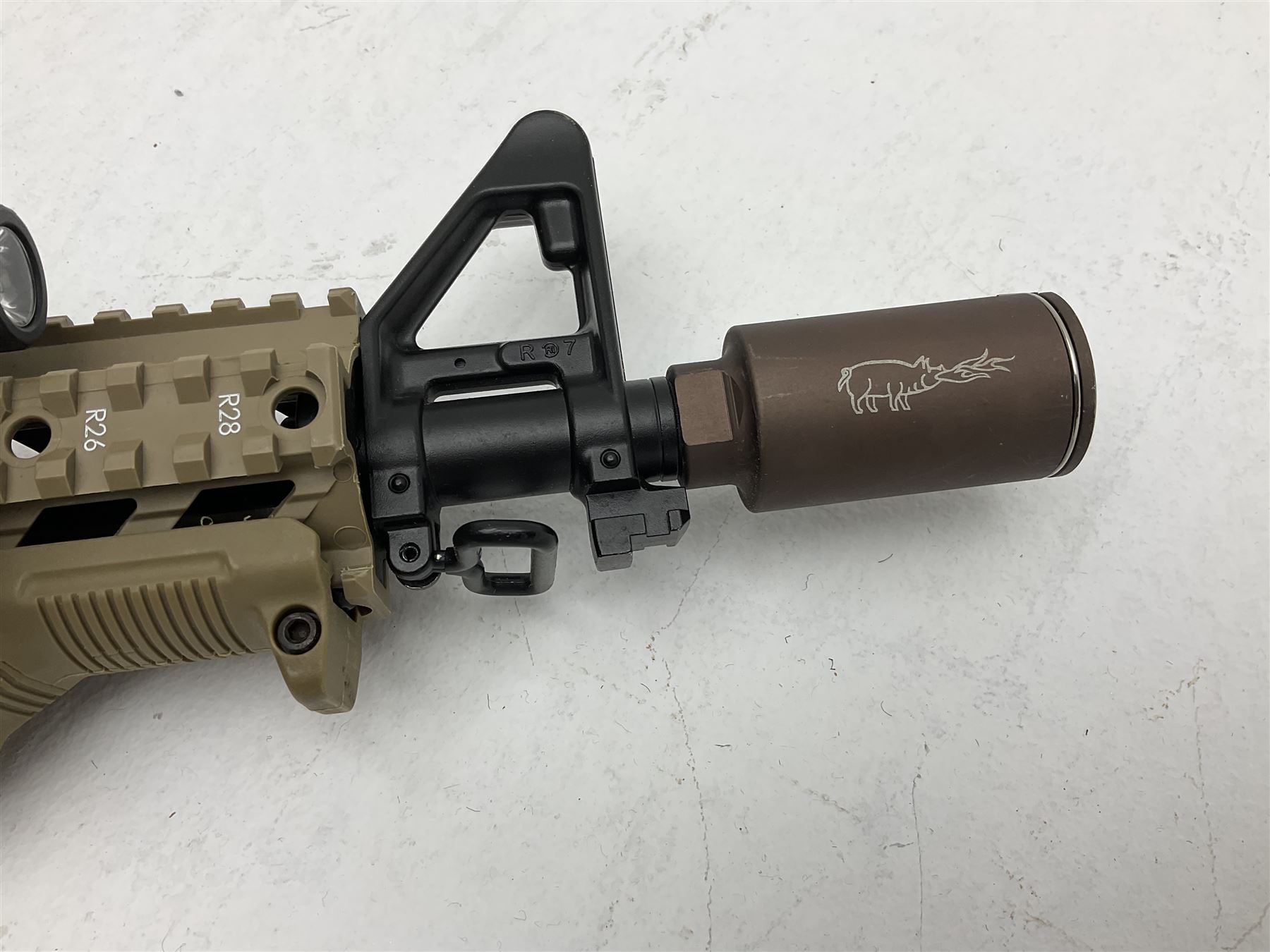 Combat Machine lithium battery powered airsoft BB rifle, 'Complete AEG Series' to fire 5mm pellets, with adjustable length stock L69cm non-extended; with six magazines, Trijicon ACOG red dot telescopic sight, battery charger etc (NO BATTERIES)