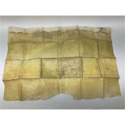 Three 17th/18th century manuscript deeds on vellum relating to properties in Bowling Alley Lane, Hull - one dated 16/12/1689 with seal 44 x 65cm; mortgage dated 20/2/1711 56 x 74cm; and assignment of mortgage dated 5/5/1727 with seal; all folded (3)