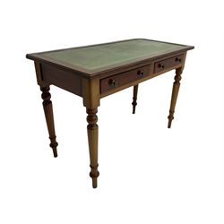 20th century mahogany writing table, inset leather top, fitted with two drawers