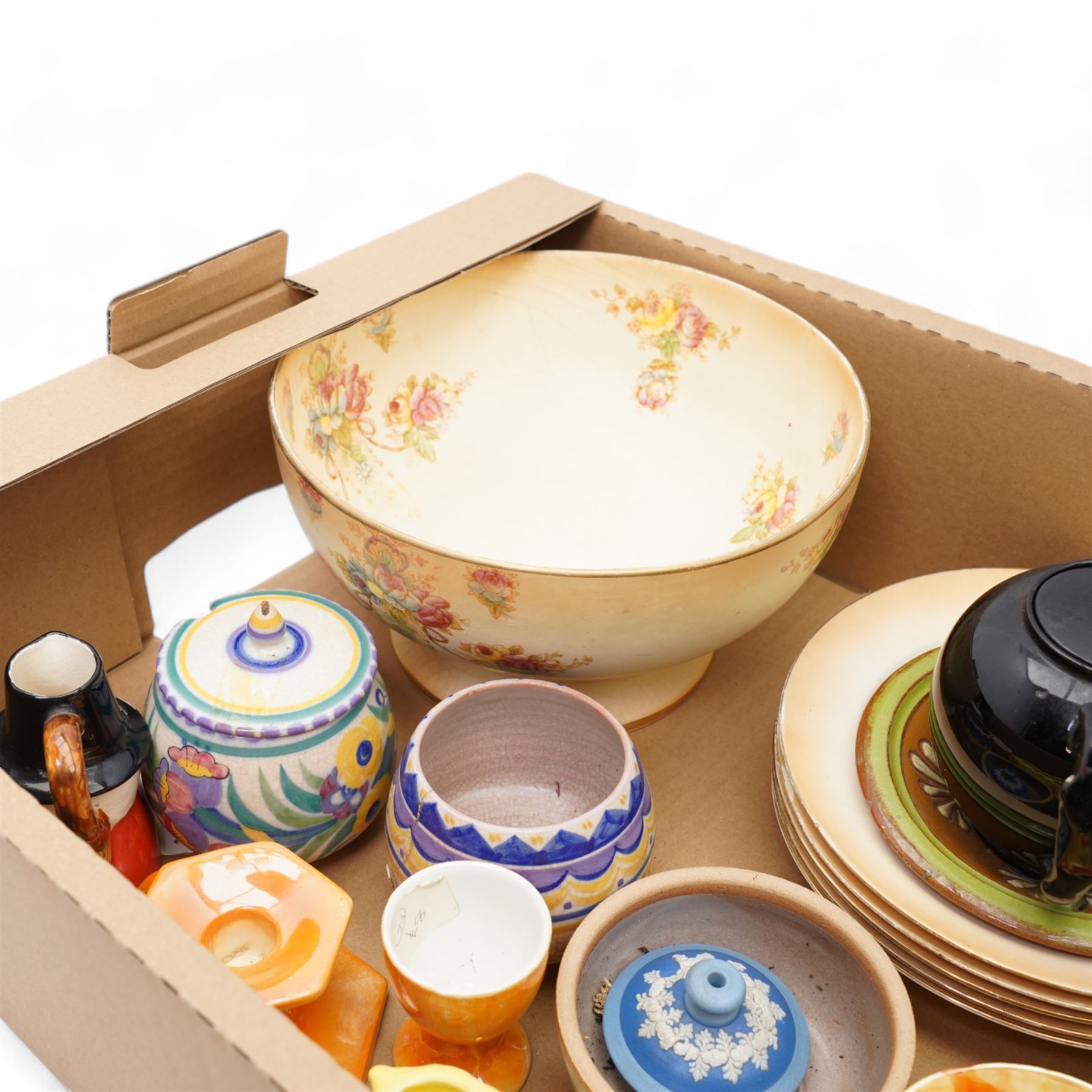 Fieldings Crown Devon items including fruit bowl, five dessert bowls and teapot, Poole pottery preserve jar, Sylvac posy holder, Frosted art glass tulip vase, similar lily vase, two Belleek saucers, assorted cups and saucers etc contents in two boxes