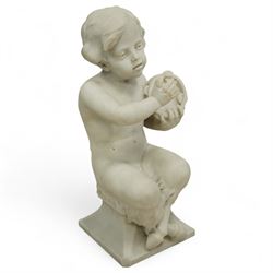 Follower of Claude Michel Clodion (French 1738-1814): The Putti-Faun Orchestra - set of four Italian carved white marble figures of child satyrs as musicians, each finely carved figure depicting a seated putto-faun with youthful features and small goat’s legs and cloven feet, variously playing rustic instruments: a syrinx (Panpipes), a flute, a tambourine and clappers - each raised on an integral waisted square plinth, Italian, circa 1900

Provenance: Kirkham Hall

Notes: Inspired by the rustic god Pan and his followers, these putti-fauns reflect the late-19th-century revival of classical themes popular with Grand Tour collectors; their instruments evoke the god Pan’s pastoral music, while the carving and  composition exemplify the appeal of bacchic subjects in the Italian neoclassical tradition