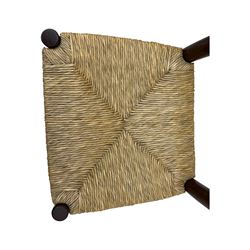 Set of ten 18th century design oak ladder back dining chairs, shaped cresting rail over four horizontal splats, rush seat raised on turned supports united by double stretchers