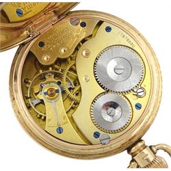 Early 20th century 9ct gold open face, keyless 'Traveler' lever pocket watch by American Watch Company, Waltham, No. 17878530, white enamel dial with Roman numerals and subsidiary seconds dial, case by Dennison, Birmingham 1912