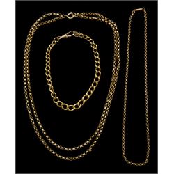 Gold curb link bracelet and two belcher link necklaces, all 9ct 