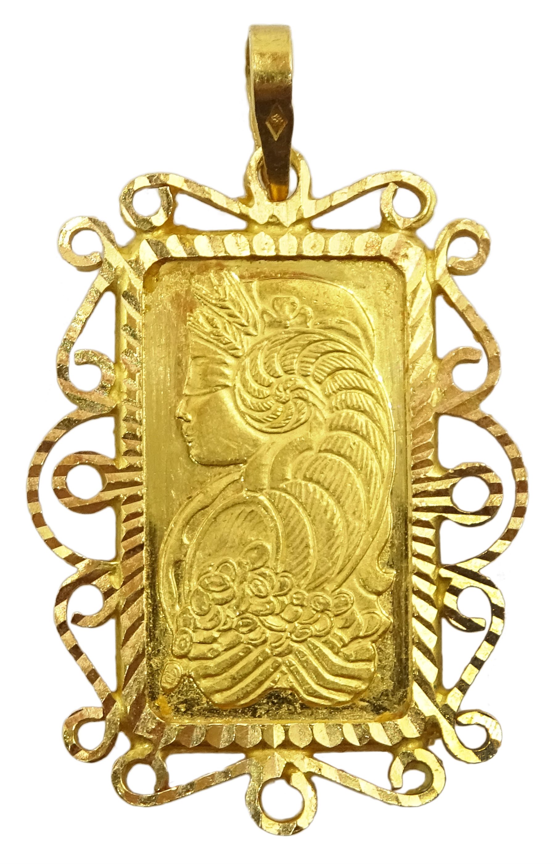 Suisse 5g Fine gold 999.9 Lady Fortuna ingot, loose mounted in 22ct gold open work pendant