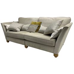 Oak Furnitureland - three-piece lounge suite upholstered in grey fabric, large three-seat sofa (W238cm, D106cm), two-seat sofa (W209cm), and snuggler sofa (W129cm)