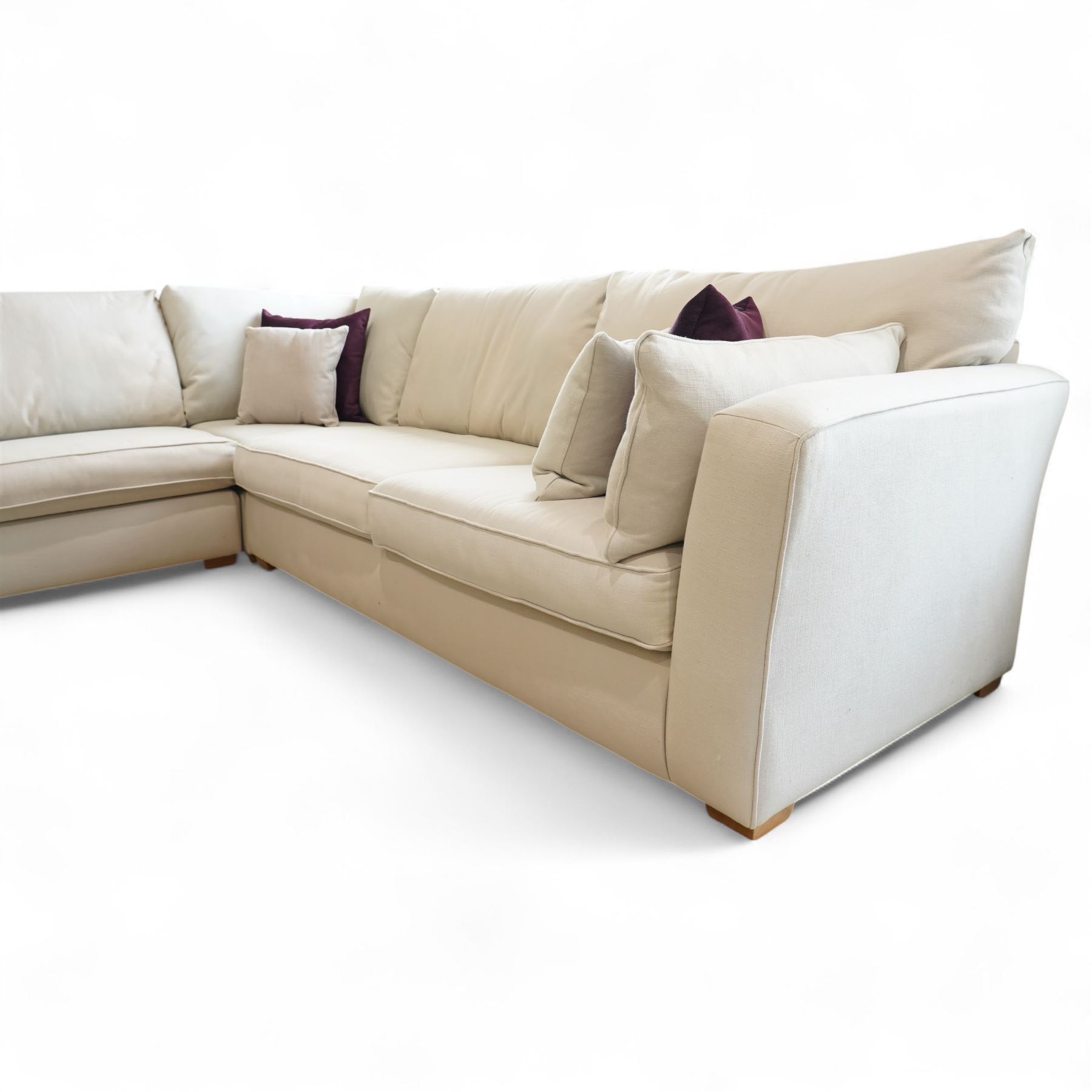 Barker & Stonehouse - large corner sofa, upholstered in natural pumice fabric, with contrasting scatter cushions 