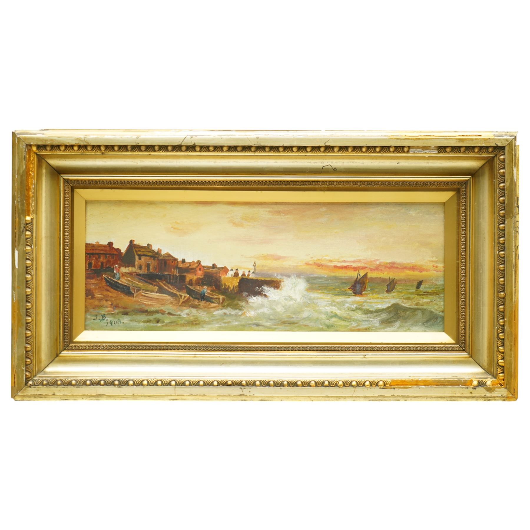 J Bell (British Naive School 19th/20th century): Coastal Scene and Windmill, pair oils signed and dated 1908, 13cm x 39cm (2)
