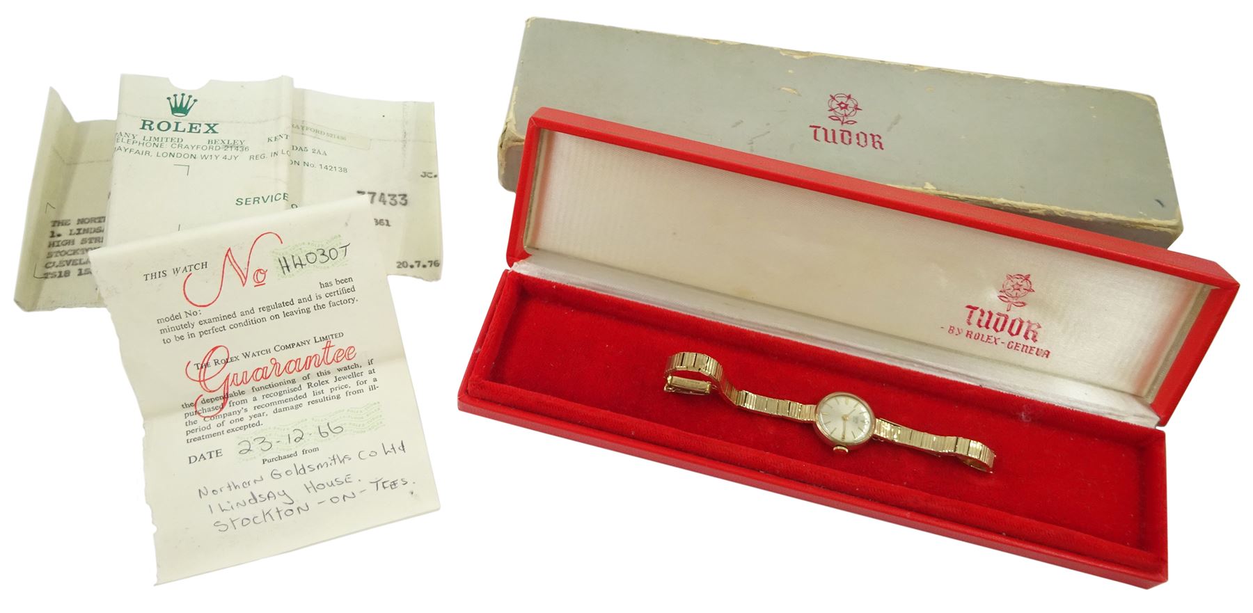Tudor ladies 9ct gold manual wind wristwatch, silvered dial with baton hour markers, on integral 9ct gold bracelet, Birmingham 1964, boxed