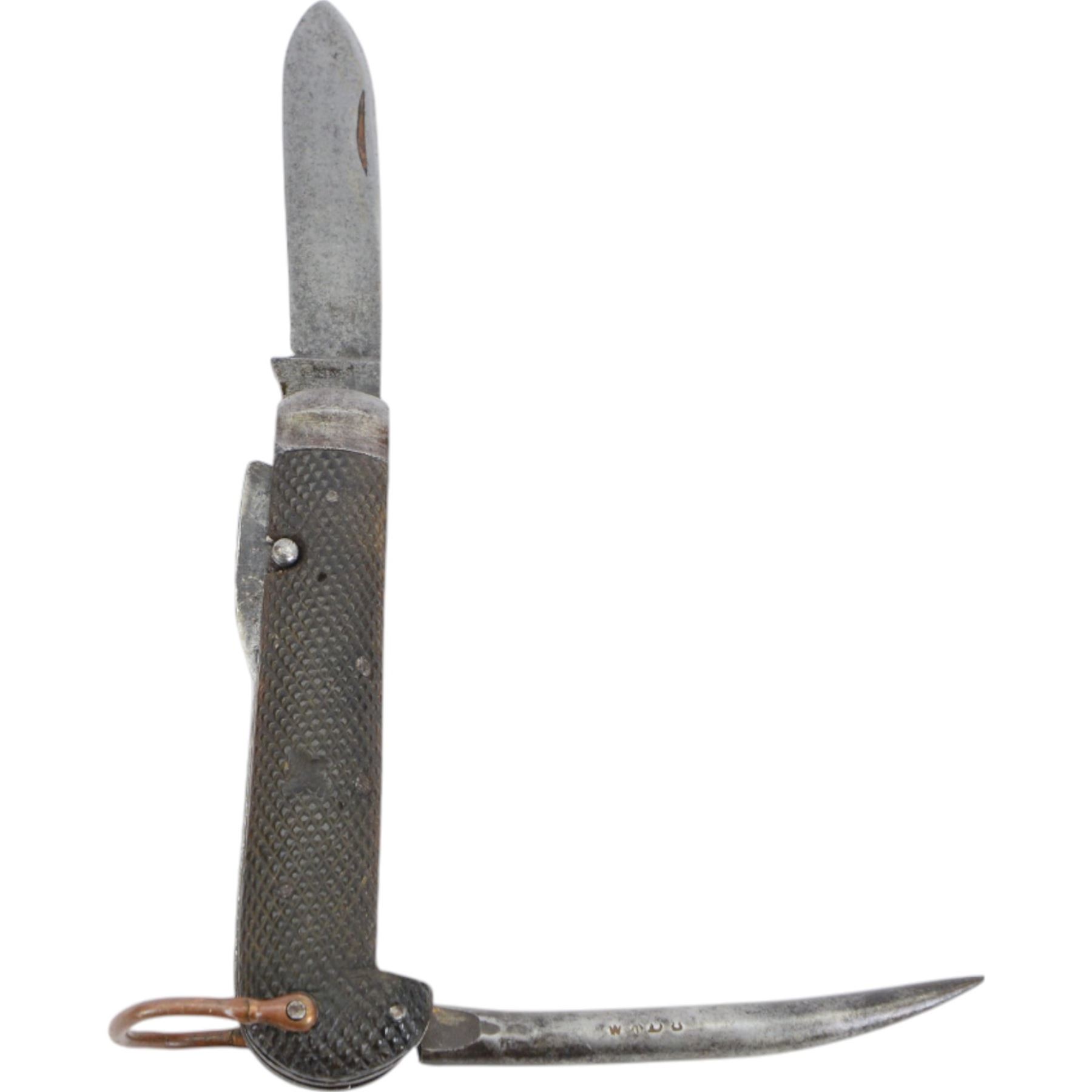 Military jack knife, by Wade and Butler, marked with broad arrow, together with military duel purpose torch and water bottle in webbing carrier