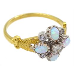 Silver-gilt opal and cubic zirconia flower head cluster ring, stamped Sil