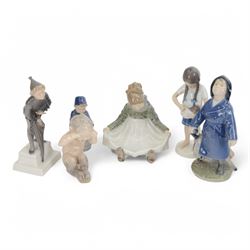 Six Royal Copenhagen figures, including Boy with Horn no 3689, Seated Fanoe Girl No.1315, The Sandman no. 1129 etc