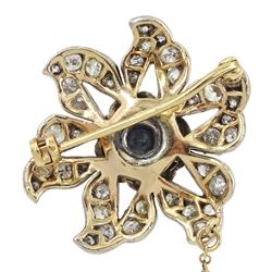 Victorian silver old cut diamond flowerhead brooch, the central diamond cluster, surrounded by diamond set open petals