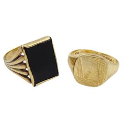 Gold gentleman's black onyx signet ring and one other signet ring, both hallmarked 9ct