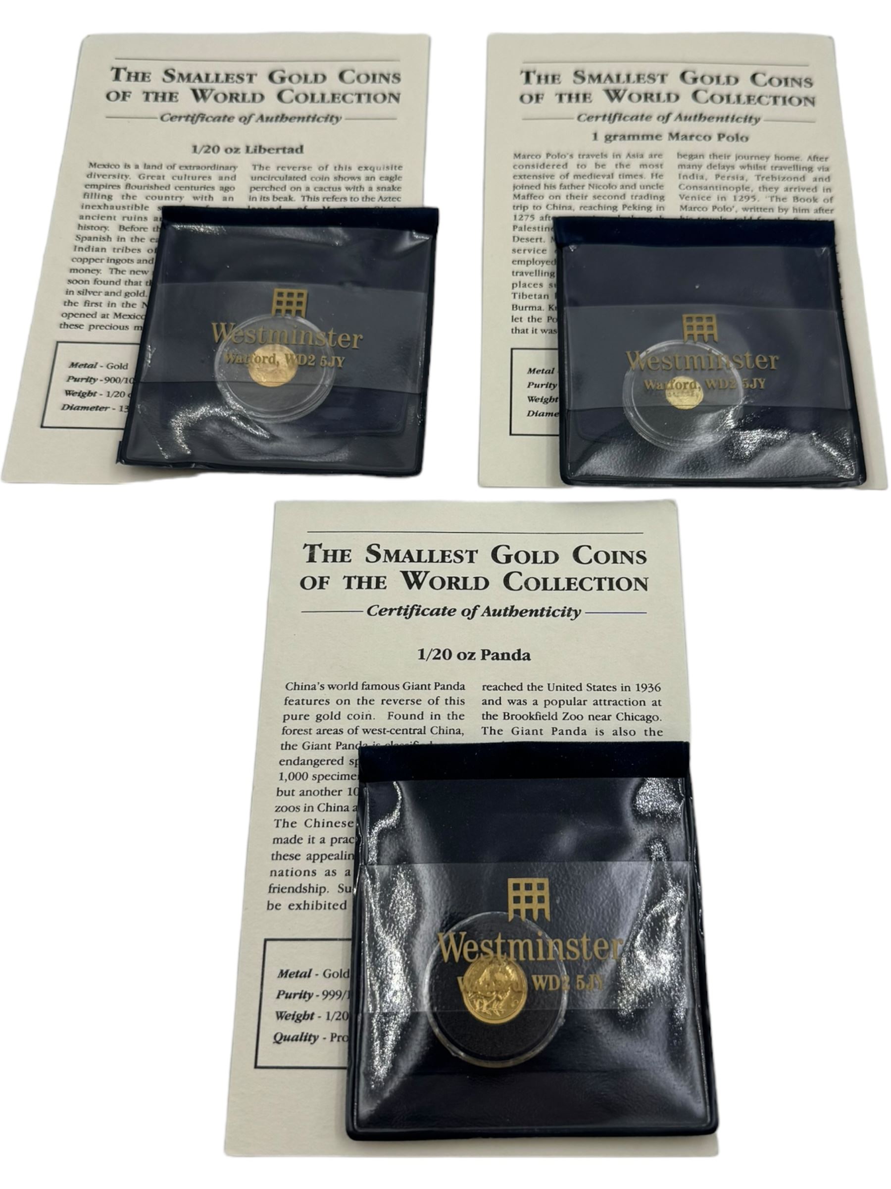 Three gold coins, from 'The Smallest Gold Coins of the World Collection', comprising China 900/1000 1 gram, China 999/1000 one twentieth of an ounce and Mexico 900/1000 one twentieth of an ounce, all with Westminster certificates (3)
