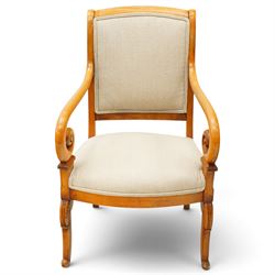 Pair of French Empire design fauteuil armchairs, high back over scrolled arm terminals, upholstered in cream fabric, on scroll carved cabriole supports