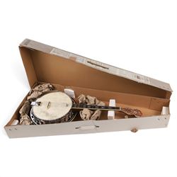 Barnes & Mullins Troubadour four string banjo, with Remo head and mother of pearl inlay to fretboard, in cardboard box, banjo L80cm