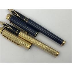 Sheaffer Targa 1011 Diamond Square fountain pen, the gold plated barrel with nib stamped 14K 585, together with another Sheaffer Targa fountain pen with blue barrel and gold nib stamped 14K 585 and matching ballpoint, and Sheaffer ballpoint pen with sterling silver barrel, largest L13.5cm (4)