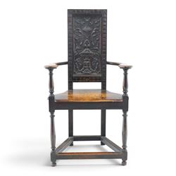 17th design century carved oak hall chair, carved back with urn and foliate details, shape...