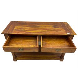 Hardwood console table, fitted with two drawers, turned supports joined by under-tier