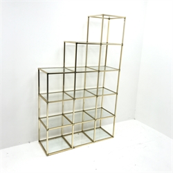 Mid Century staggered metal framed display stand with glass shelving, W92cm, H152cm, D32cm