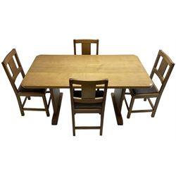 Light oak dining table, rectangular top with canted corners, raised on straight end supports with sledge feet (W152cm D80cm H74cm); and set four oak dining chairs, splat back over brown faux leather seat, on square supports