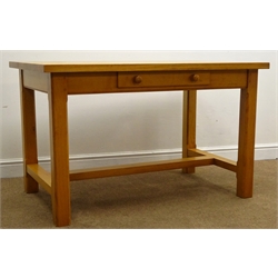  Rectangular pine table, single drawer, square supports, W122cm, H75cm, D76cm  