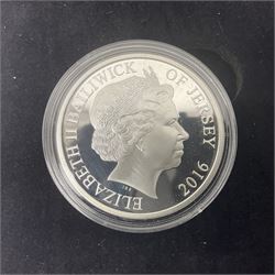 Queen Elizabeth II Channel Islands and Isle of Man silver proof five pound coins, comprising Bailiwick of Jersey 2016 'Lest we Forget', 2019 'D-Day 75th Anniversary' three coin set', Bailiwick of Guernsey 2020 'Florence Nightingale 200th Anniversary' and Isle of Man 2021 'William and Kate Wedding Anniversary', all cased with certificates