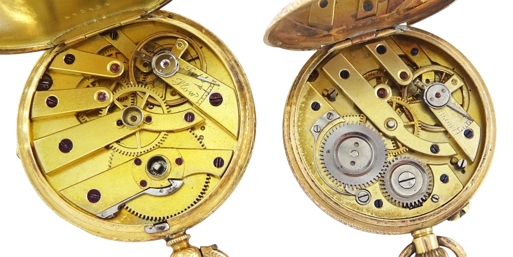 Early 20th century 18ct gold open face, keyless cylinder fob watch, and a 14ct gold fob watch, both with gilt dials with Roman numeral hour markers, cases with engraved foliate decoration, both stamped