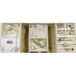 Silver and stone set silver jewellery including twelve rings, four pendants, three necklaces and twelve pairs of earrings, all stamped or hallmarked, in white leatherette jewellery box
