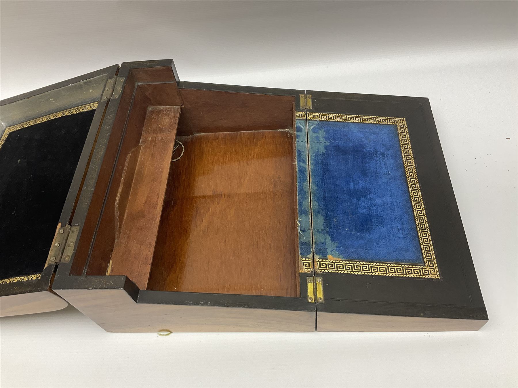 Victorian mahogany writing slope, the brass bound hinged cover opening to reveal tooled leather and gilt interior with two glass inkwells, together with a similar parquetry inlaid writing slope, with central mother of pearl inlay enrgraved 'Sarah', tallest H17cm 