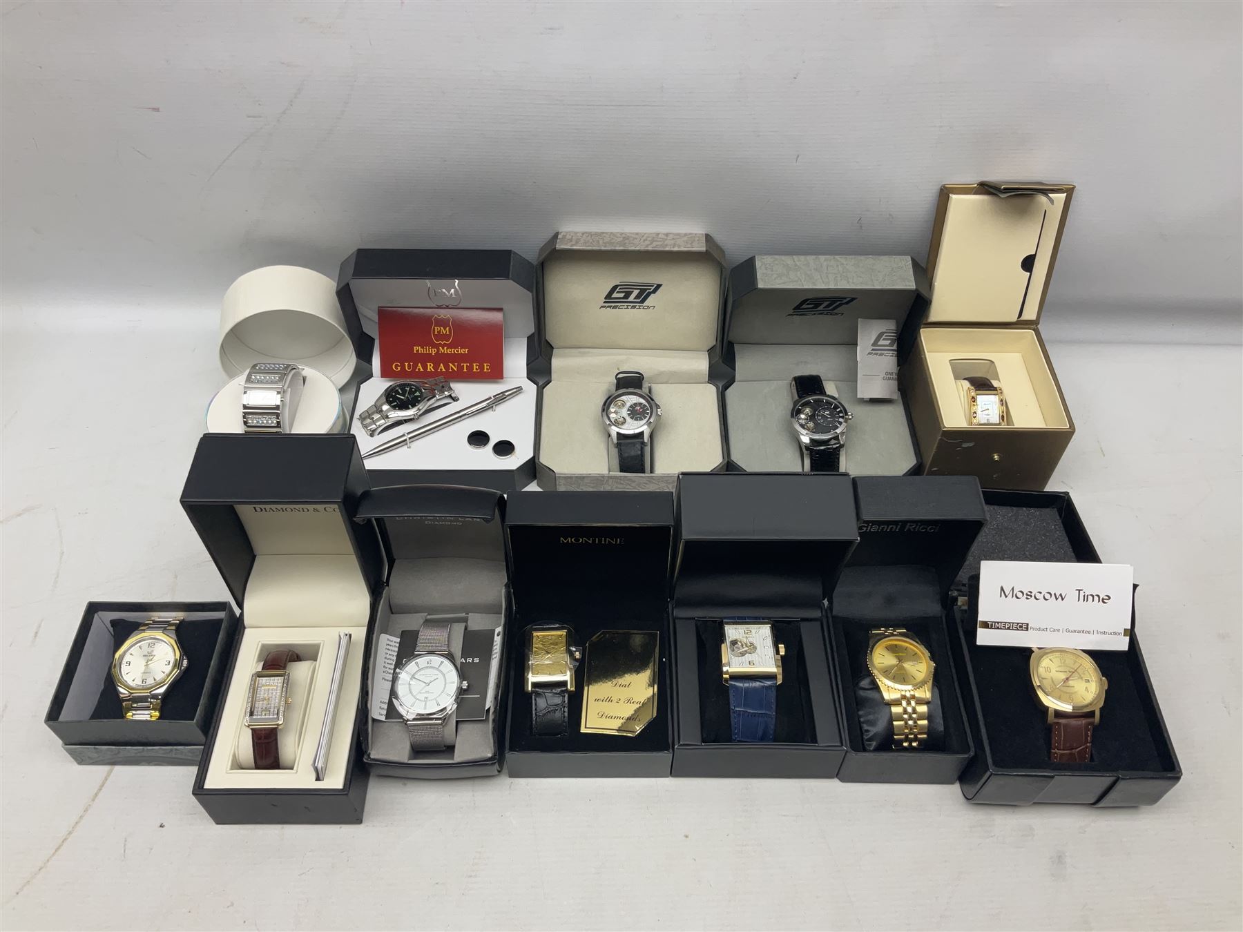 Four automatic wristwatches including two GT Precision, Pendule and Moscow Time and eight quartz wristwatches including Ingersoll Gems, Diamond & Co, Cristin Lars Diamond, Gianni Ricci and Philip Mercier (12) 