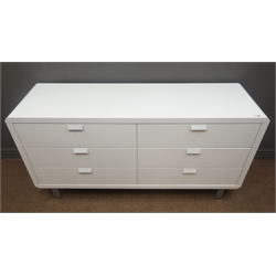  Wren Furniture - white gloss finish sideboard, three drawers and two cupboards, brushed metal handles, W145cm, H77cm, D45cm   