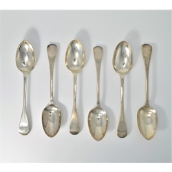  Set of six Victorian silver dessert spoons, Old English pattern by Chawner & Co London 1845 approx 8.5oz  