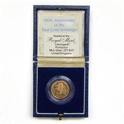 Queen Elizabeth II 1989 '500th Anniversary of the First Gold Sovereign' gold proof half sovereign coin, cased with certificate