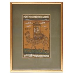 After Muhammad Daulat or 'Dawlat' (Mughal School fl.1595-1640): Water Buffalo Fighting, ink watercolour and gold on paper indistinctly signed 12cm x 22cm; together with two further Mughal pictures, depicting a composite camel and rider, and a Prince and harem in a garden setting (3)