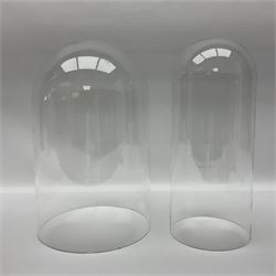 Tabletop glass display cabinet, with hinged door, together with two glass domes