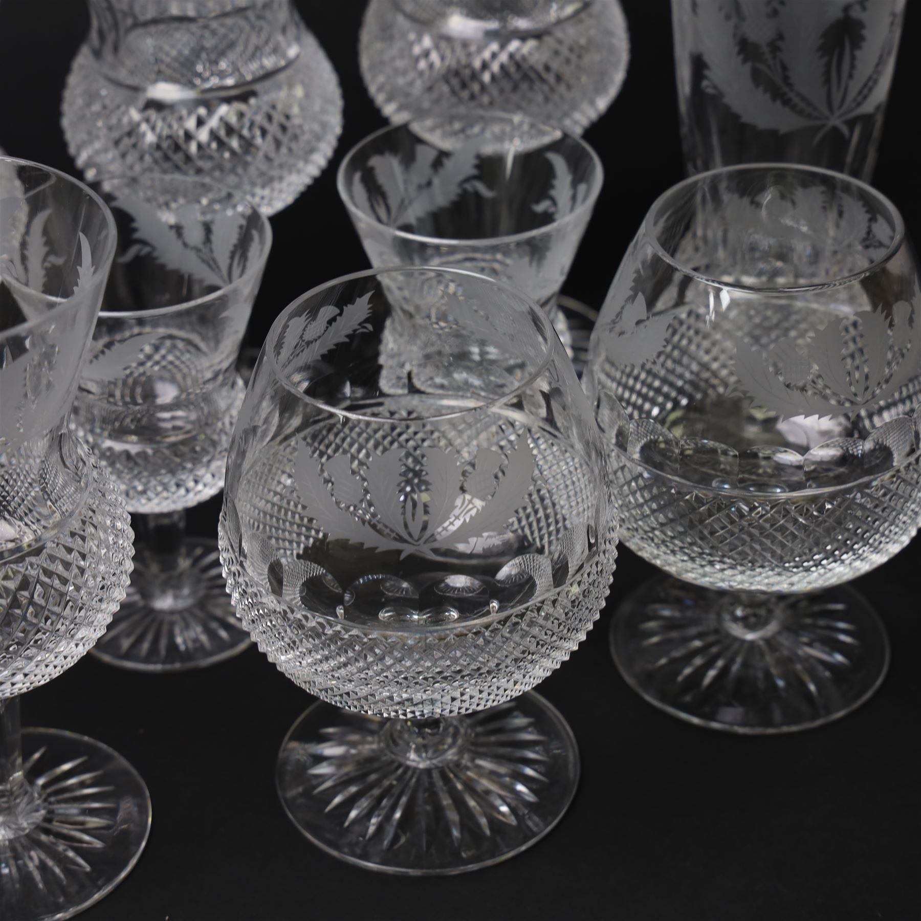 Ten Edinburgh Crystal Thistle pattern glass in pairs, comprising champagne, red wine, white wine, port, sherry and brandy glasses   