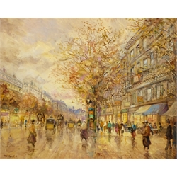  M J Rendell (20th century): Parisian Street scene in the Rain, oil on board signed 40cm x 50cm  