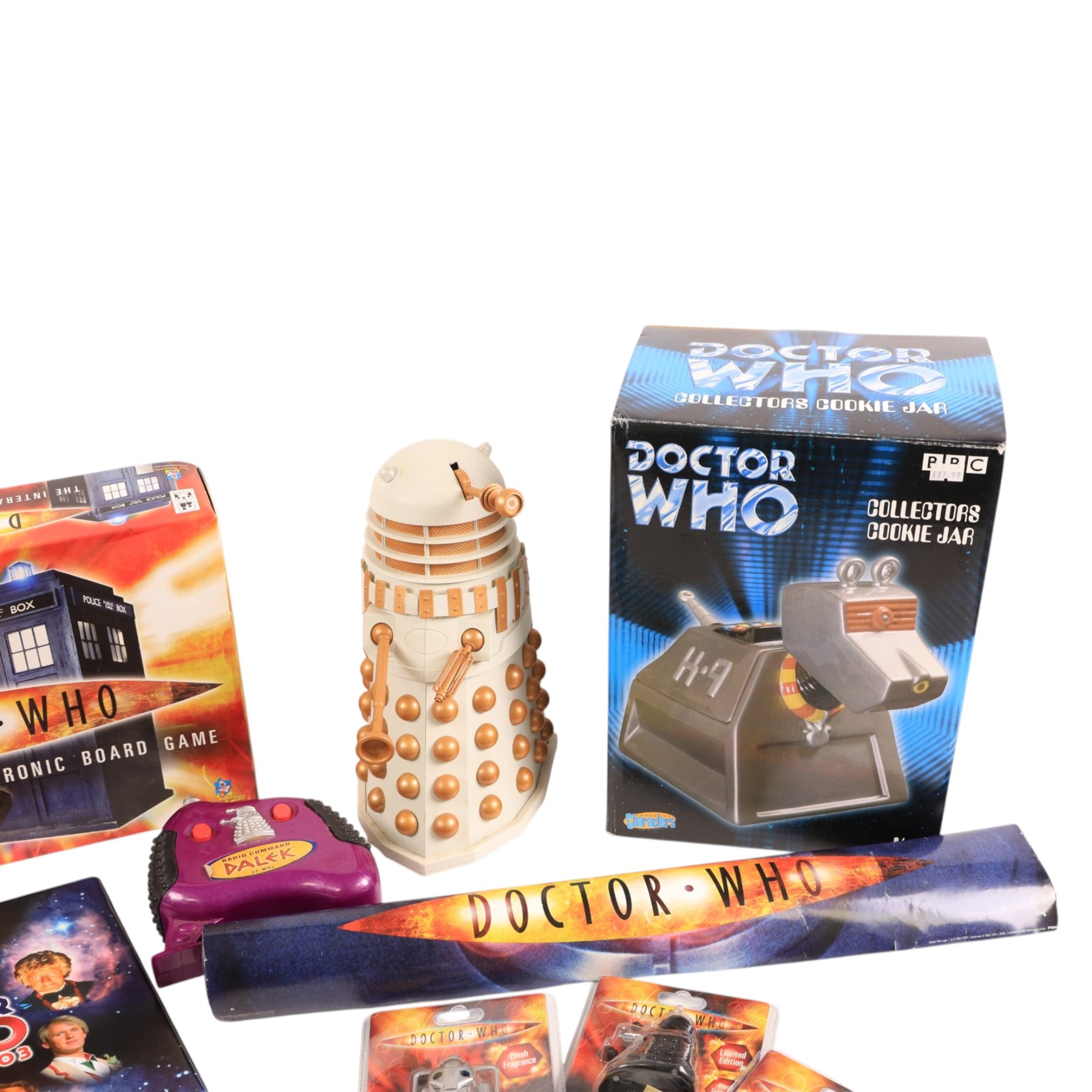 Doctor Who collectables including K-9 cookie jar, remote controlled Dalek, Interactive Electronic Board Game, air fresheners, coasters, etc