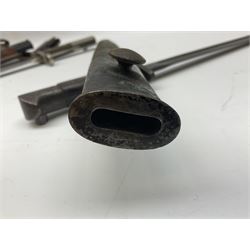 British Enfield 1907 model SMLE bayonet, with 43cm fullered steel blade and metal mounted leather scabbard L58cm overall; and Schmidt-Rubin Model 1918 bayonet the 30cm steel blade marked Elsener Schwyz No.579722; in steel scabbard with leather frog marked G. Bertolini Sellaio Vira/G.Tic 79 L45cm overall (2)